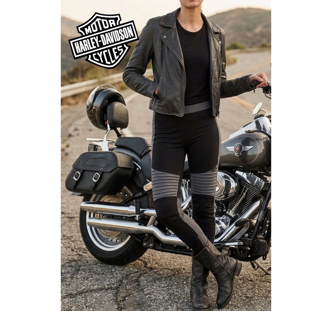 Harley-Davidson HDMC Womens Moto Leggings Black Grey Ribbed Ankle Zip Large